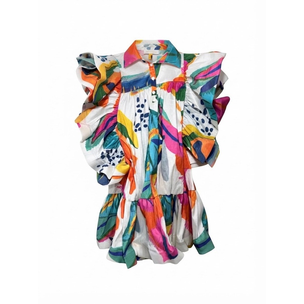 love highlight dress L Floral Boho Colorful Party Event Short Mini Ruffle Womens